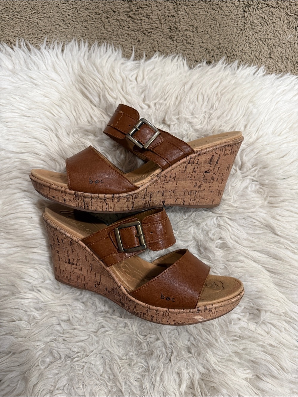 Born Sandals Women's 11 M Brown Wedge Cork Leather Slides Open Toe Buckle